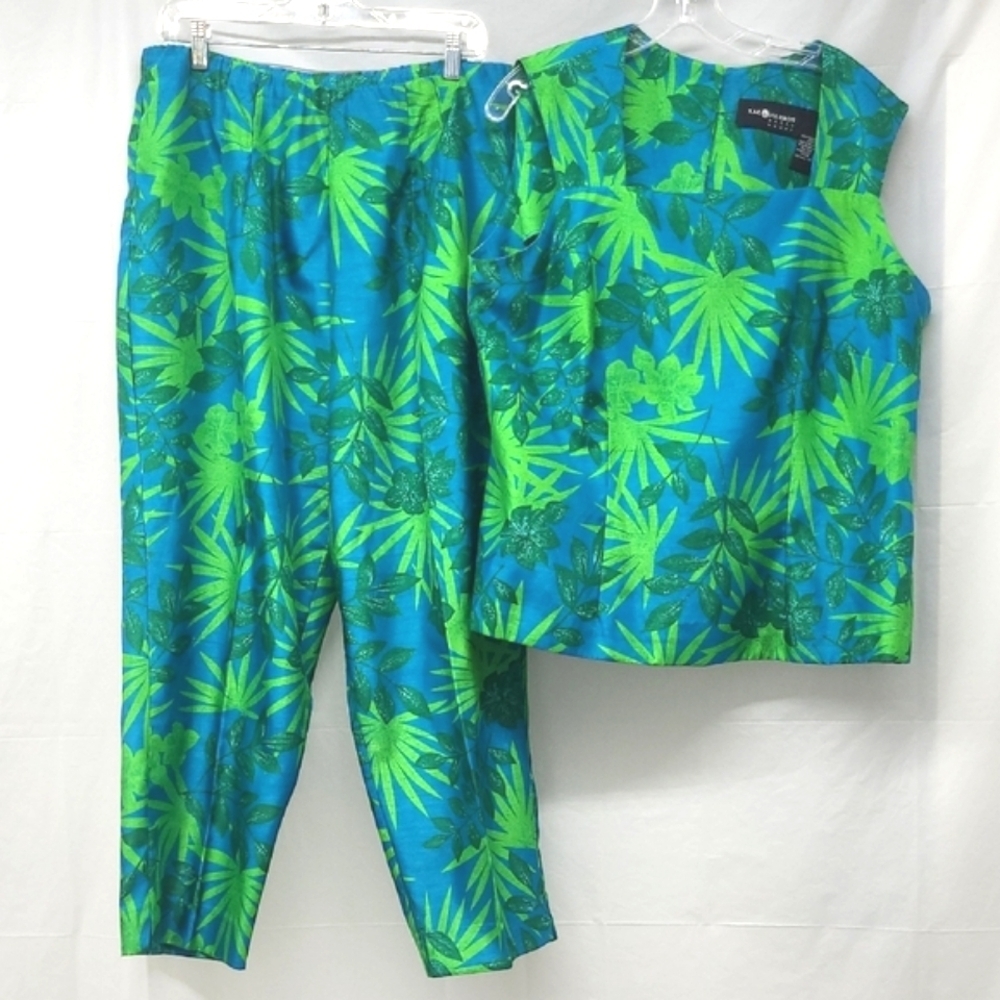 2 Piece Matching Set Capri Tank Top Tropical Palm Print Royal Blue Green Resort